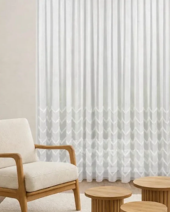 Perdeshop | Online Tül Perde, Fon Perde ve Aksesuarları zigzag desenli etek nakışlı ekru tül perde – keten dokulu, Ütü İstemez, kornişe hazır